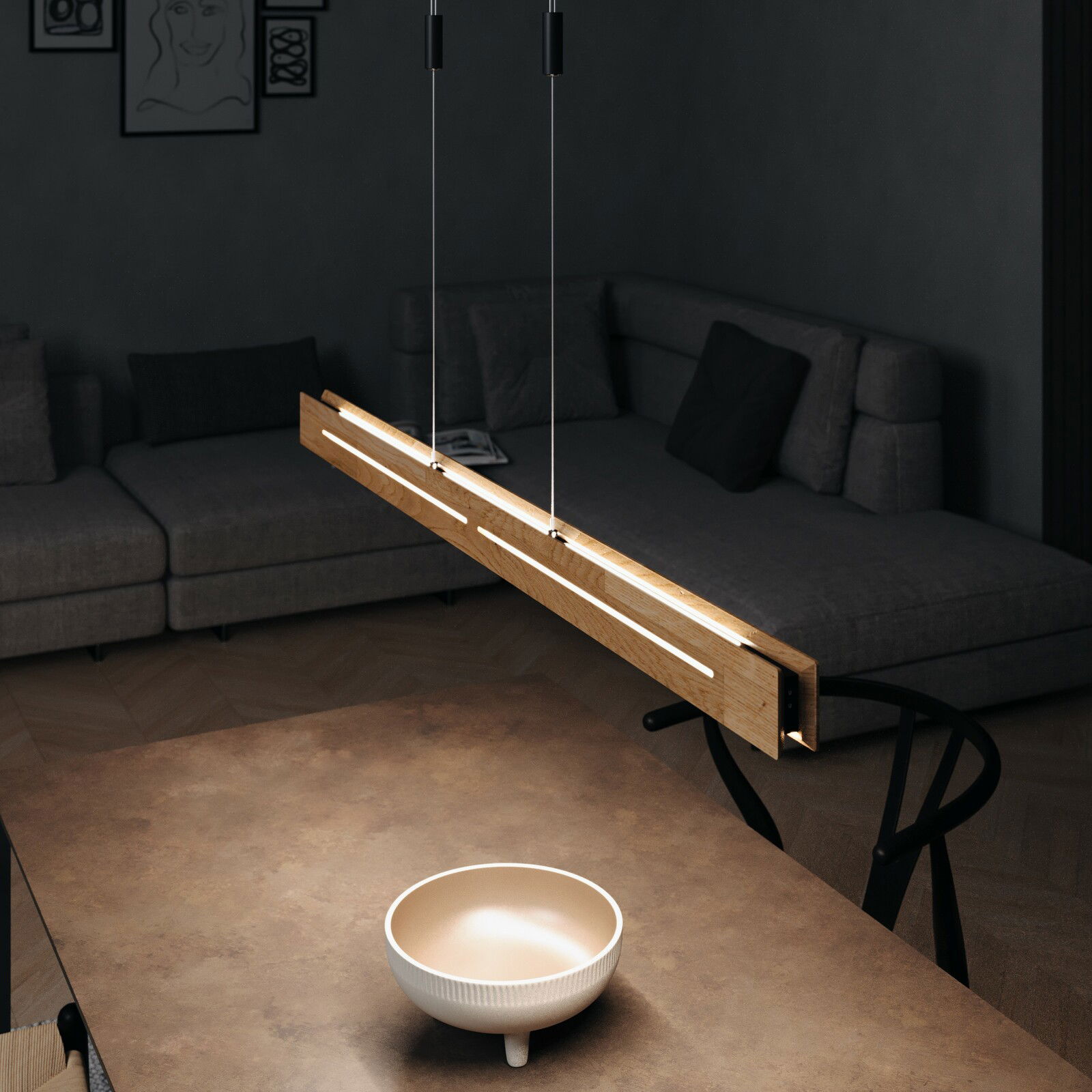 Zurbrüggen LED-Pendelleuchte MEXICO PLUS S Moderne LED-Pendelleuchte aus Holz, von oben betrachtet, über einem Tisch in einem stilvollen Wohnzimmer hängend.