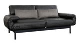 Schwarze dreisitzige Sofabank aus Leder mit grauen Kissen, seitliche Perspektive