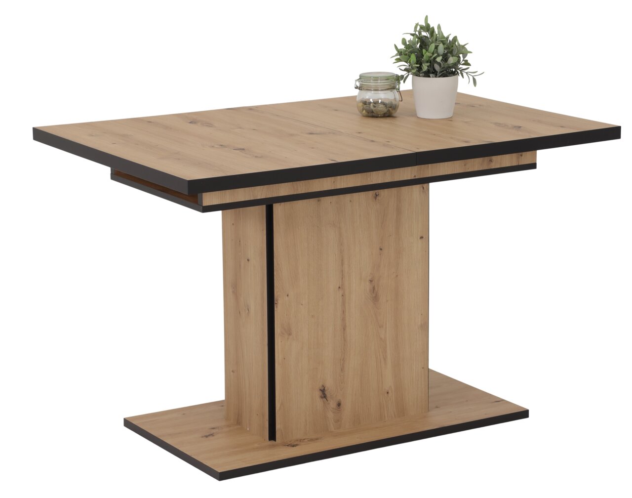 Z2 Funktions-Esstisch Ariana Moderner Esstisch aus Holz mit schwarzem Rand, seitliche Perspektive, dekoriert mit einer Pflanze und einem Glasgefäß.