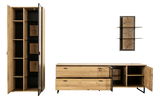 Frontale Ansicht der Zurbrüggen Wandkombination ASSINI mit einem hohen Schrank, einem Sideboard und einem Wandregal in Holzoptik.