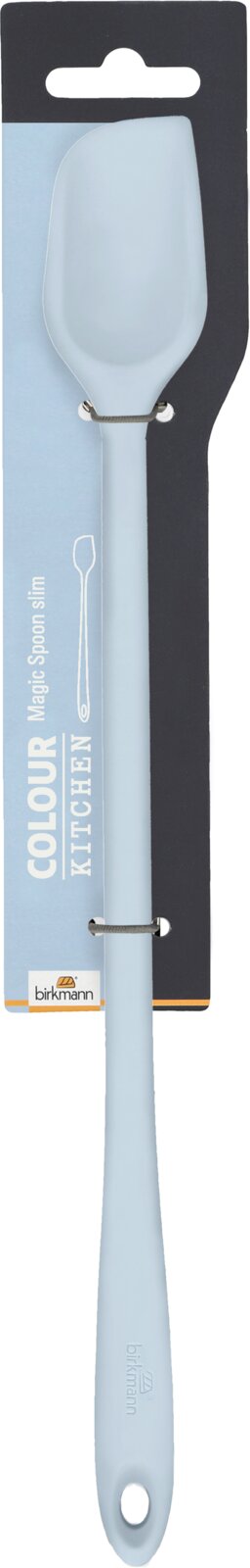Birkmann Backlöffel slim COLOUR KITCHEN Hellblauer MagicSpoon slim von vorne, auf einer Verpackung befestigt.