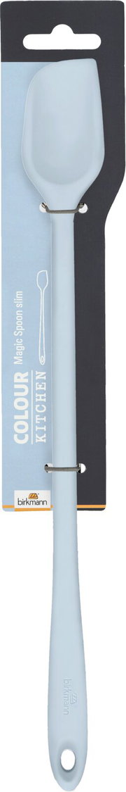Een lichtblauwe MagicSpoon slim, gezien vanaf de voorkant, bevestigd op een verpakking.