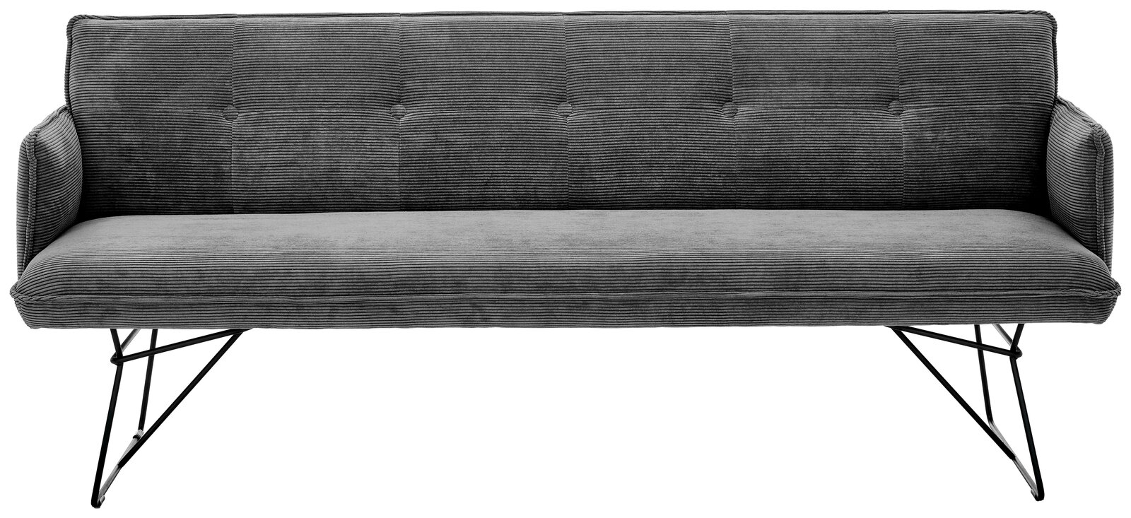 Graue 3-Sitzer-Solobank mit gestepptem Stoffbezug und schwarzen Metallbeinen, Frontalansicht