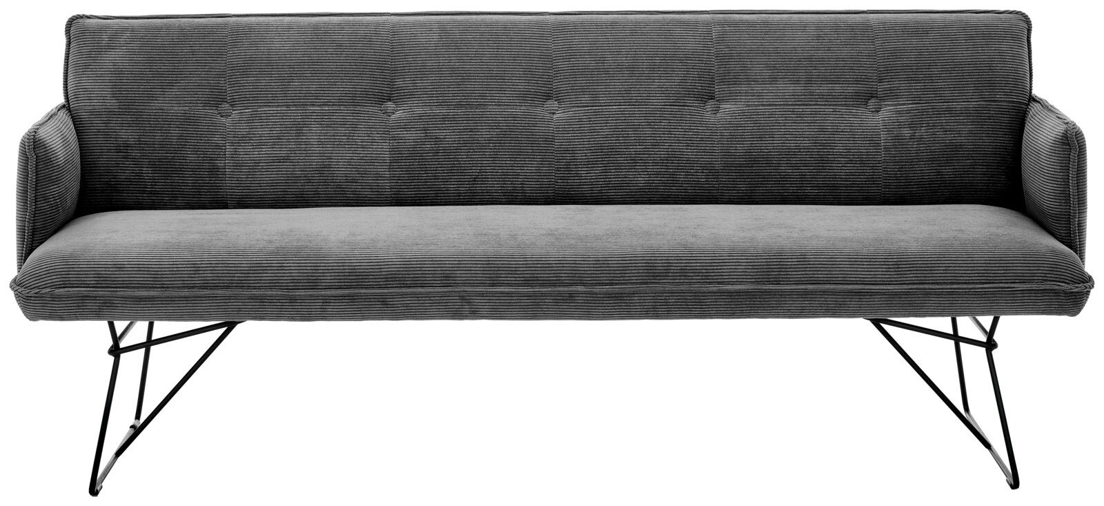 Graue 3-Sitzer-Solobank mit gestepptem Stoffbezug und schwarzen Metallbeinen, Frontalansicht