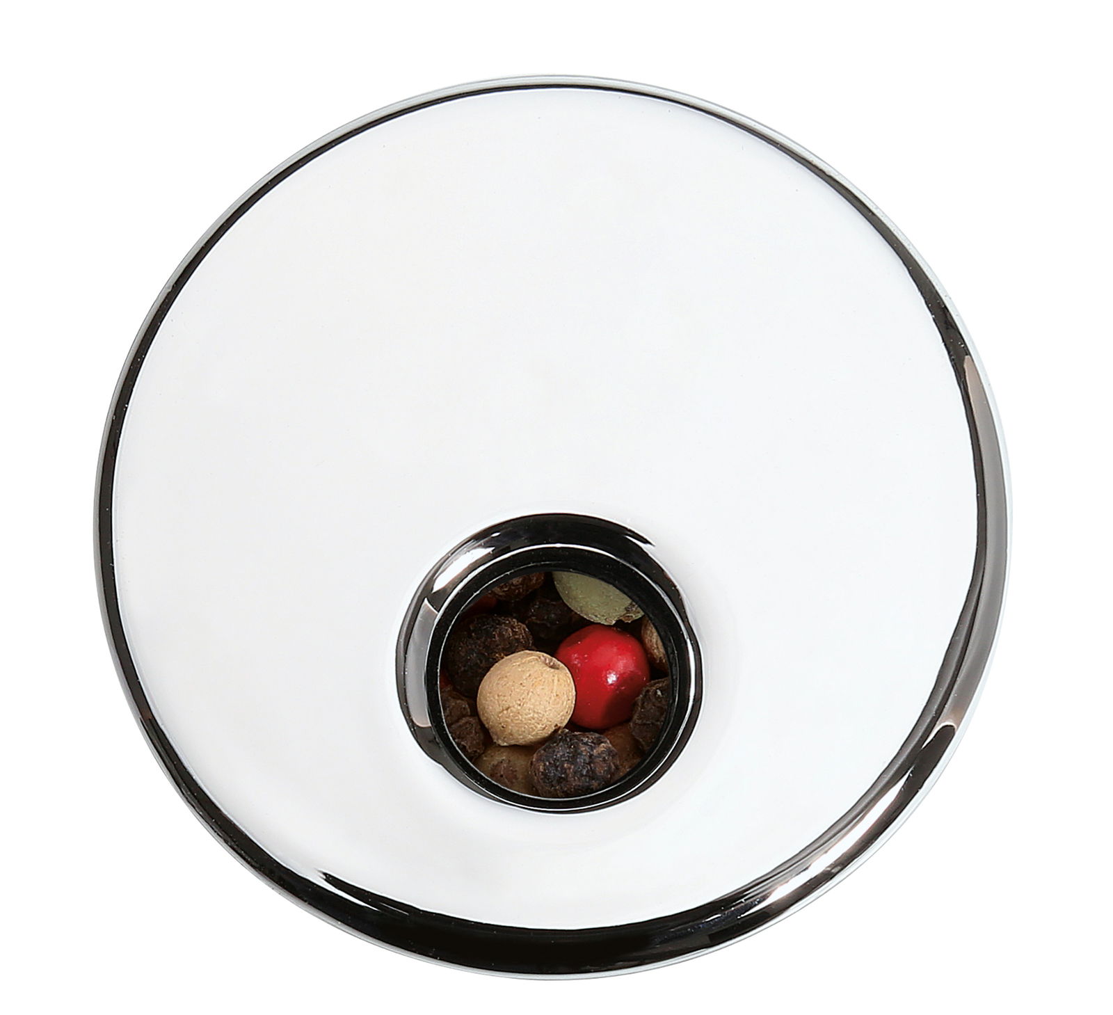 Vogelperspektive auf ein Gewürzkarussell mit acht Gläsern, gefüllt mit verschiedenen Gewürzen.