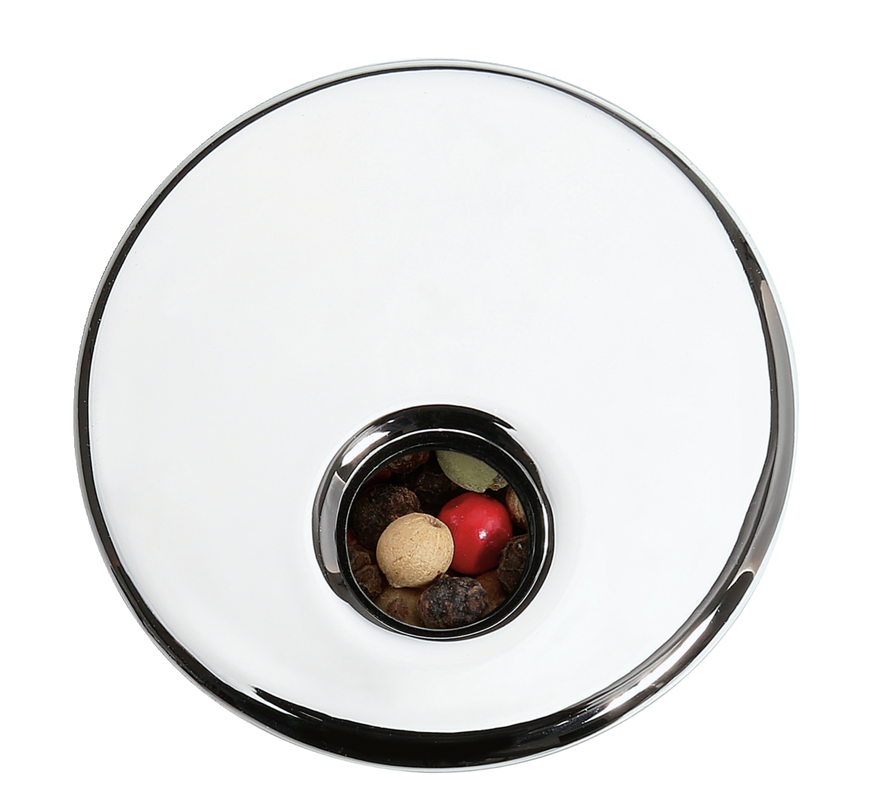 Vogelperspektive auf ein Gewürzkarussell mit acht Gläsern, gefüllt mit verschiedenen Gewürzen.