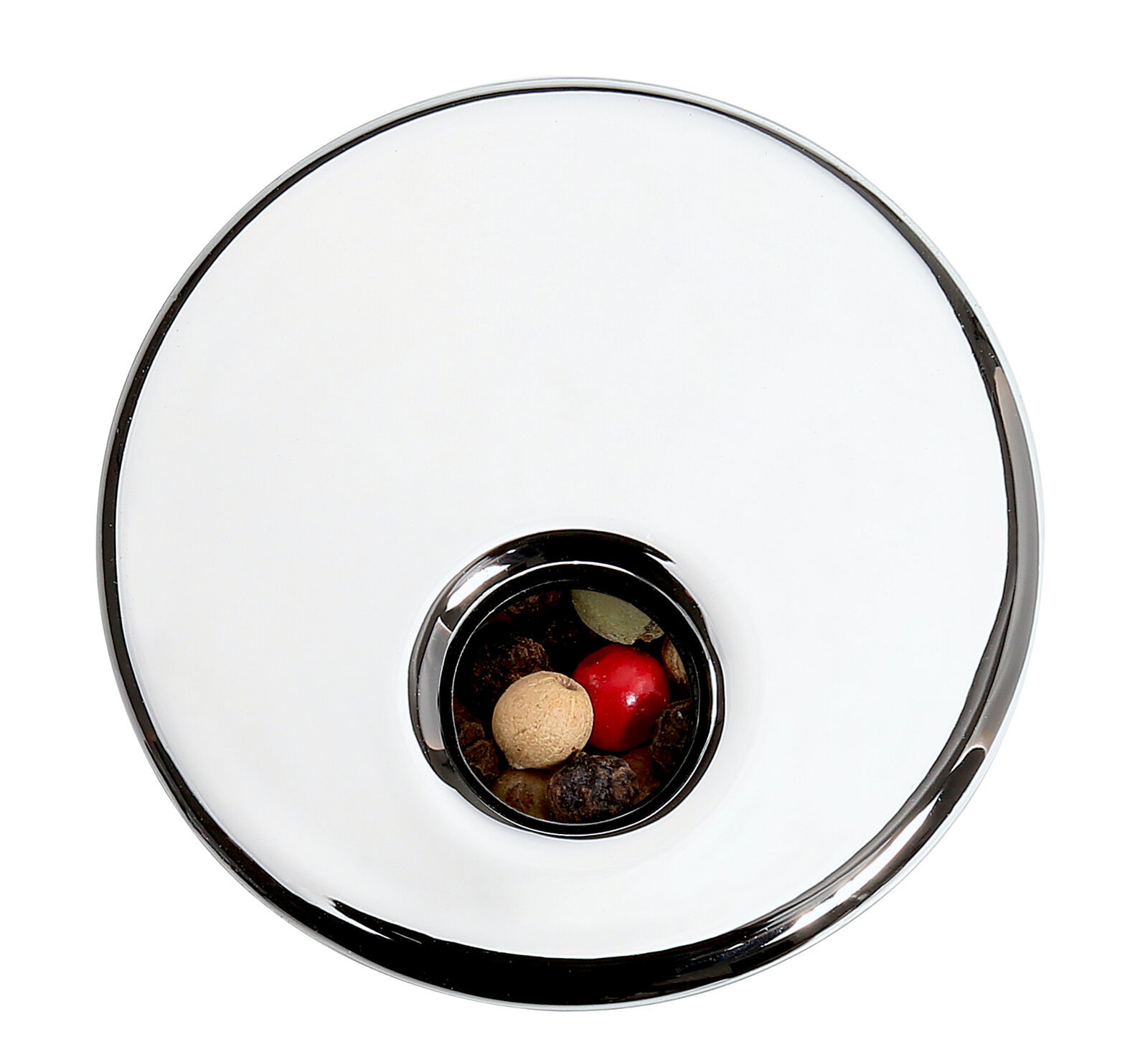 Vogelperspektive auf ein Gewürzkarussell mit acht Gläsern, gefüllt mit verschiedenen Gewürzen.