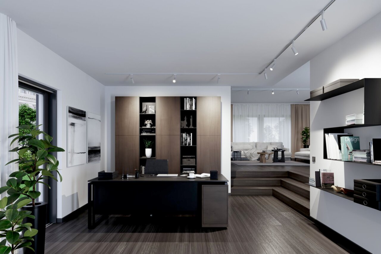 PAULMANN Schienenspot Tubo URAIL Moderner Büroraum mit Schienenspot Tubo an der Decke, Perspektive von vorne.