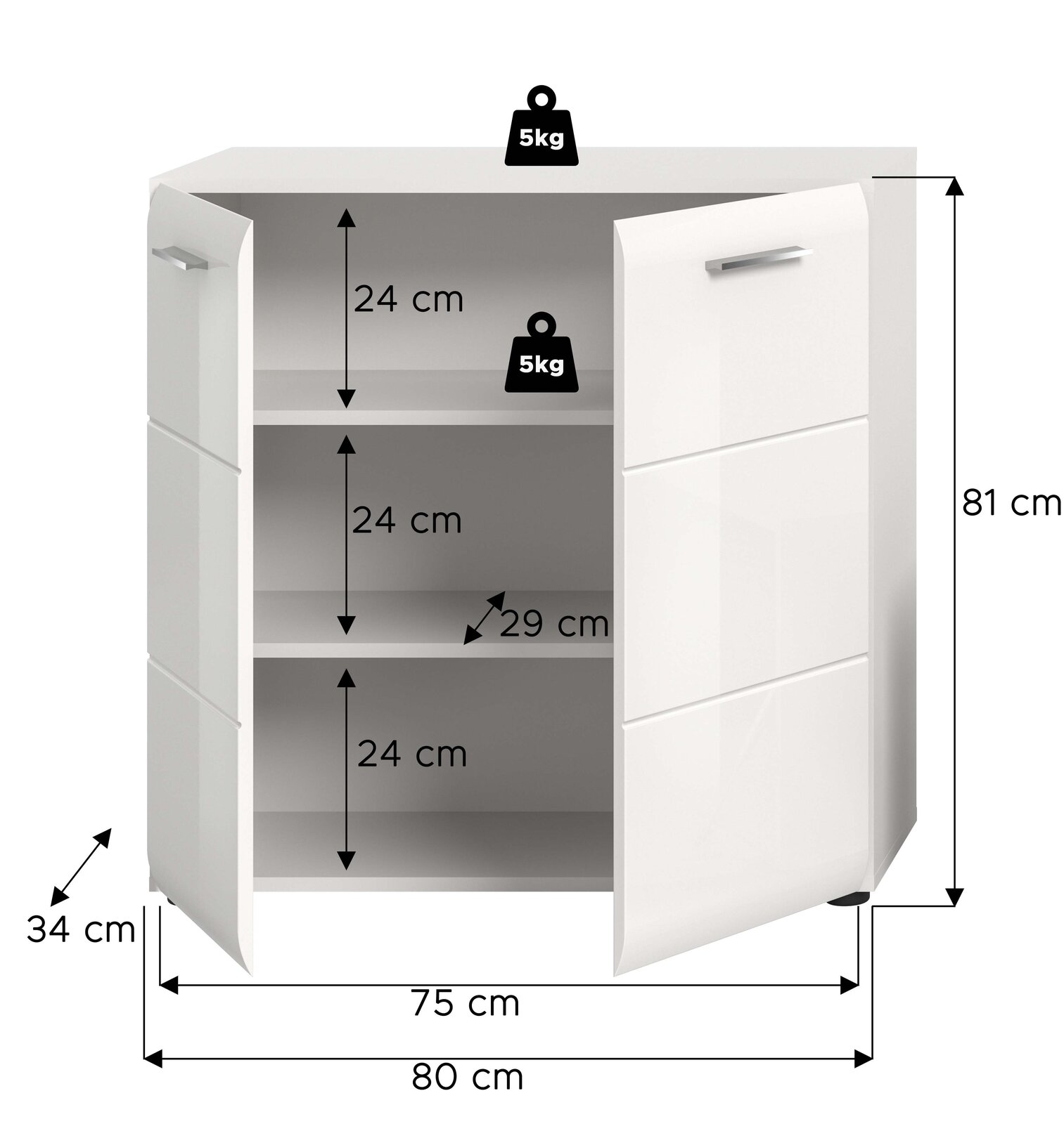 Weißer zweitüriger Unterschrank mit geöffneten Türen und drei Innenfächern, Maße ca. 80 x 34 x 81 cm (B x T x H), Fachhöhe je 24 cm, Innenbreite 75 cm, Fachbodentiefe 29 cm, Tragkraft 5 kg pro Boden, Ansicht schräg von vorn.