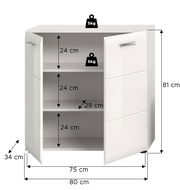 Weißer zweitüriger Unterschrank mit geöffneten Türen und drei Innenfächern, Maße ca. 80 x 34 x 81 cm (B x T x H), Fachhöhe je 24 cm, Innenbreite 75 cm, Fachbodentiefe 29 cm, Tragkraft 5 kg pro Boden, Ansicht schräg von vorn.