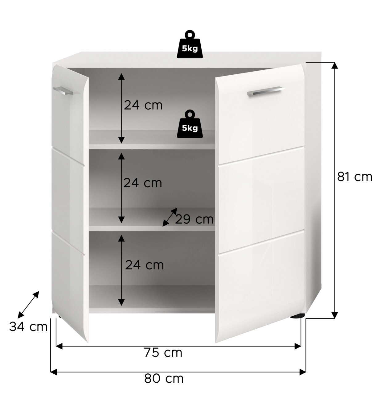 Weißer zweitüriger Unterschrank mit geöffneten Türen und drei Innenfächern, Maße ca. 80 x 34 x 81 cm (B x T x H), Fachhöhe je 24 cm, Innenbreite 75 cm, Fachbodentiefe 29 cm, Tragkraft 5 kg pro Boden, Ansicht schräg von vorn.