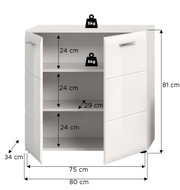Weißer zweitüriger Unterschrank mit geöffneten Türen und drei Innenfächern, Maße ca. 80 x 34 x 81 cm (B x T x H), Fachhöhe je 24 cm, Innenbreite 75 cm, Fachbodentiefe 29 cm, Tragkraft 5 kg pro Boden, Ansicht schräg von vorn.
