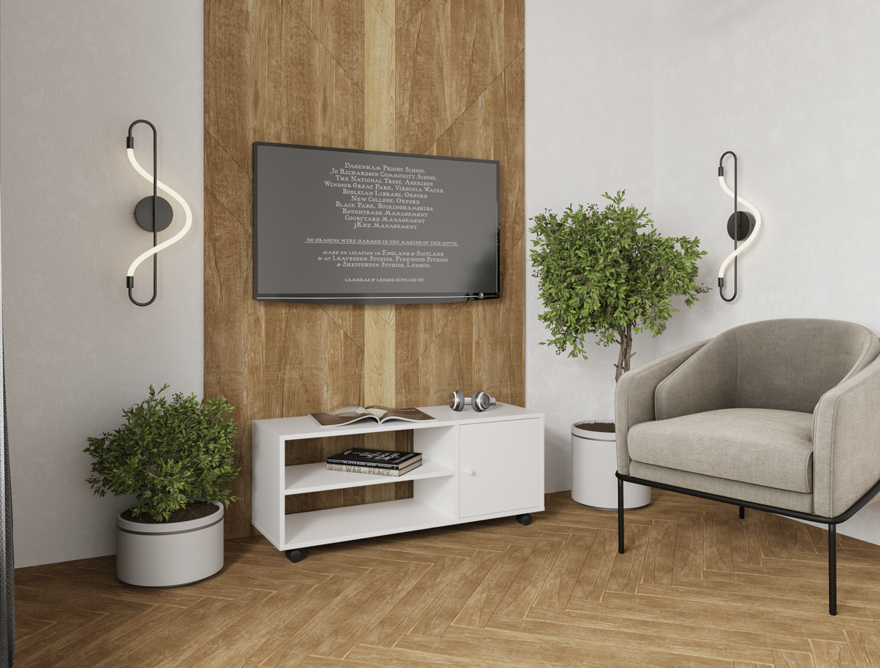 Moderner TV-Rollwagen in einem stilvollen Wohnzimmer, frontal betrachtet, mit Pflanzen und einem Sessel.