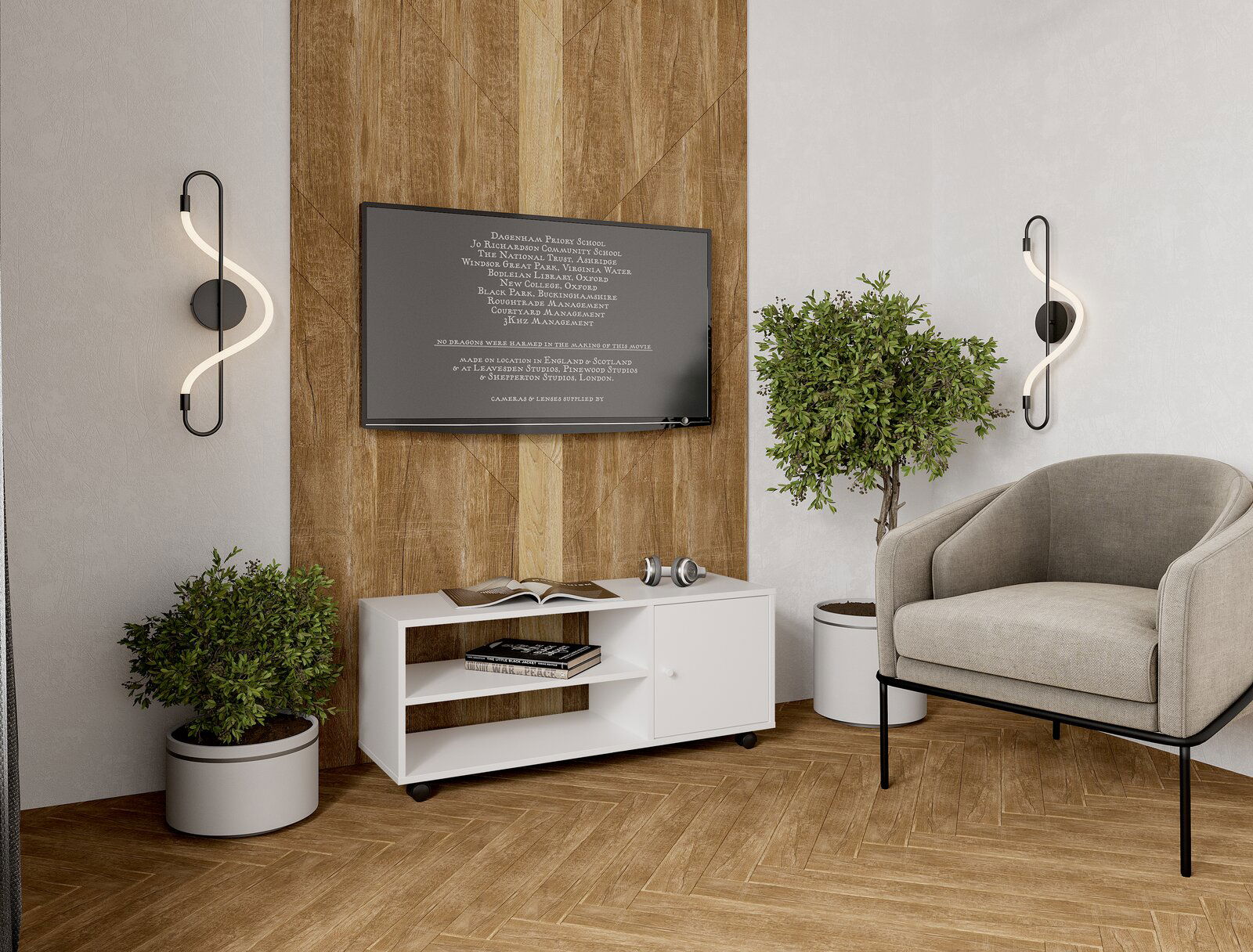 BOXXX TV-Rollwagen breit MAJA Moderner TV-Rollwagen in einem stilvollen Wohnzimmer, frontal betrachtet, mit Pflanzen und einem Sessel.