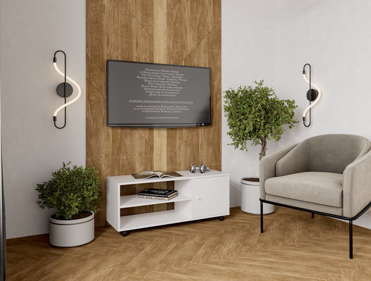 Moderner TV-Rollwagen in einem stilvollen Wohnzimmer, frontal betrachtet, mit Pflanzen und einem Sessel.