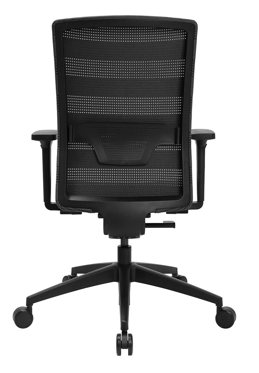 Rückansicht eines schwarzen Bürostuhls Topstar SITNESS AIRWORK mit Netzrückenlehne und Armlehnen.