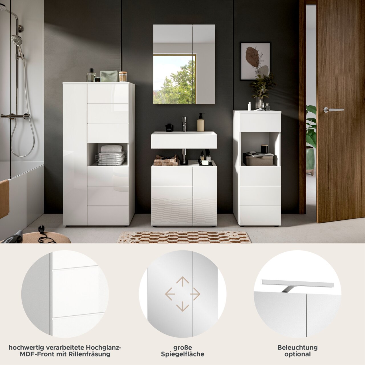 Moderne Badkombination mit hochglänzender MDF-Front und großer Spiegelfläche, frontal abgebildet. Optional mit Beleuchtung.