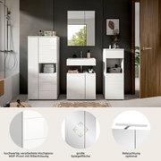 Moderne Badkombination mit hochglänzender MDF-Front und großer Spiegelfläche, frontal abgebildet. Optional mit Beleuchtung.