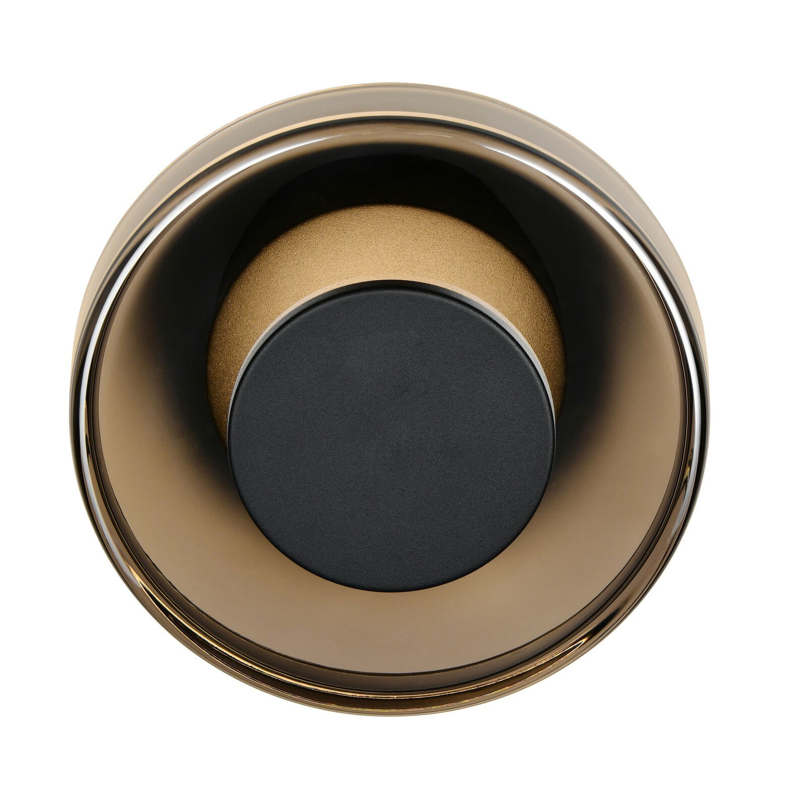 Vorderansicht der Wandleuchte Celeste mit kreisförmigem, modernem Design in Schwarz und Gold.