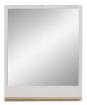 Moderner rechteckiger Spiegel mit weißem Rahmen und Holzablage, Frontalansicht