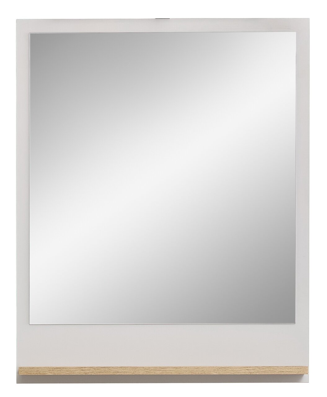 Moderner rechteckiger Spiegel mit weißem Rahmen und Holzablage, Frontalansicht
