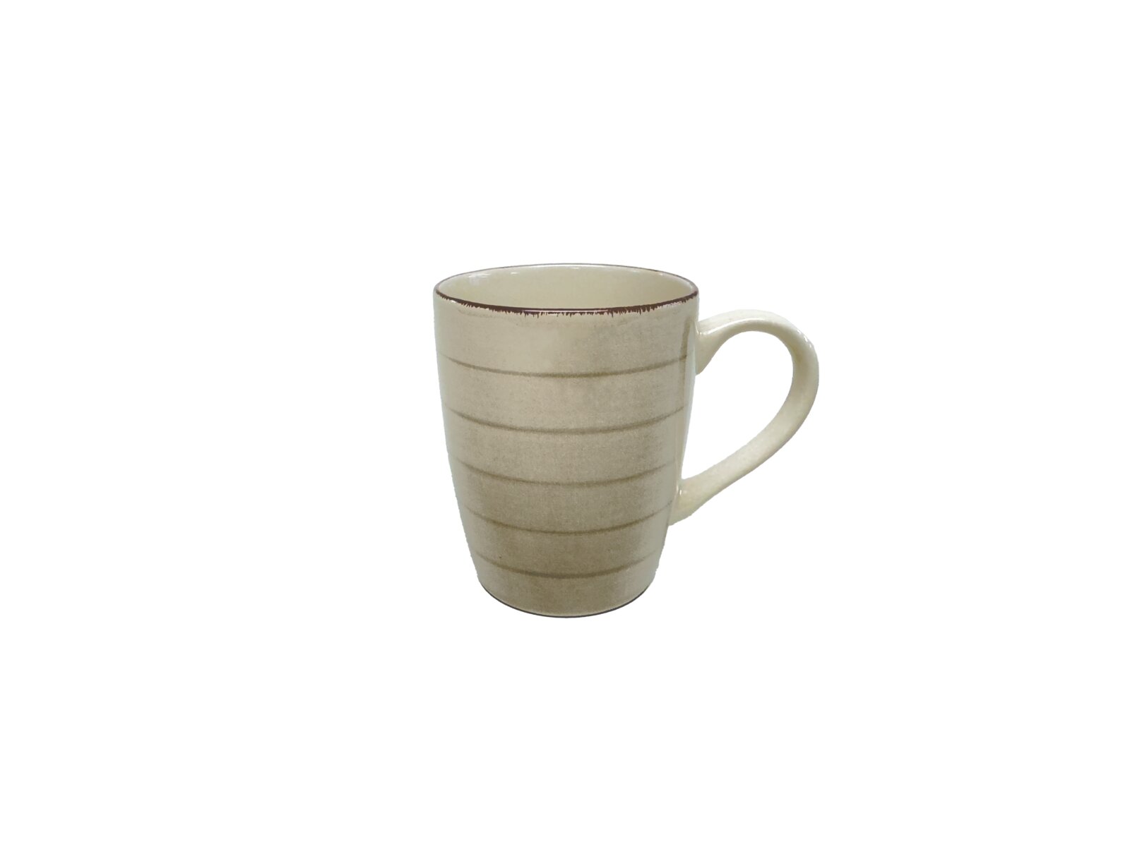 Beige Tasse mit Henkel, seitliche Perspektive