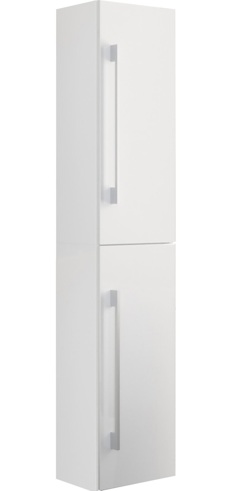 Weißer, hochformatiger Schrank mit zwei Türen und langen silberfarbenen Griffen, in leichter Seitenansicht (3/4-Perspektive) vor weißem Hintergrund