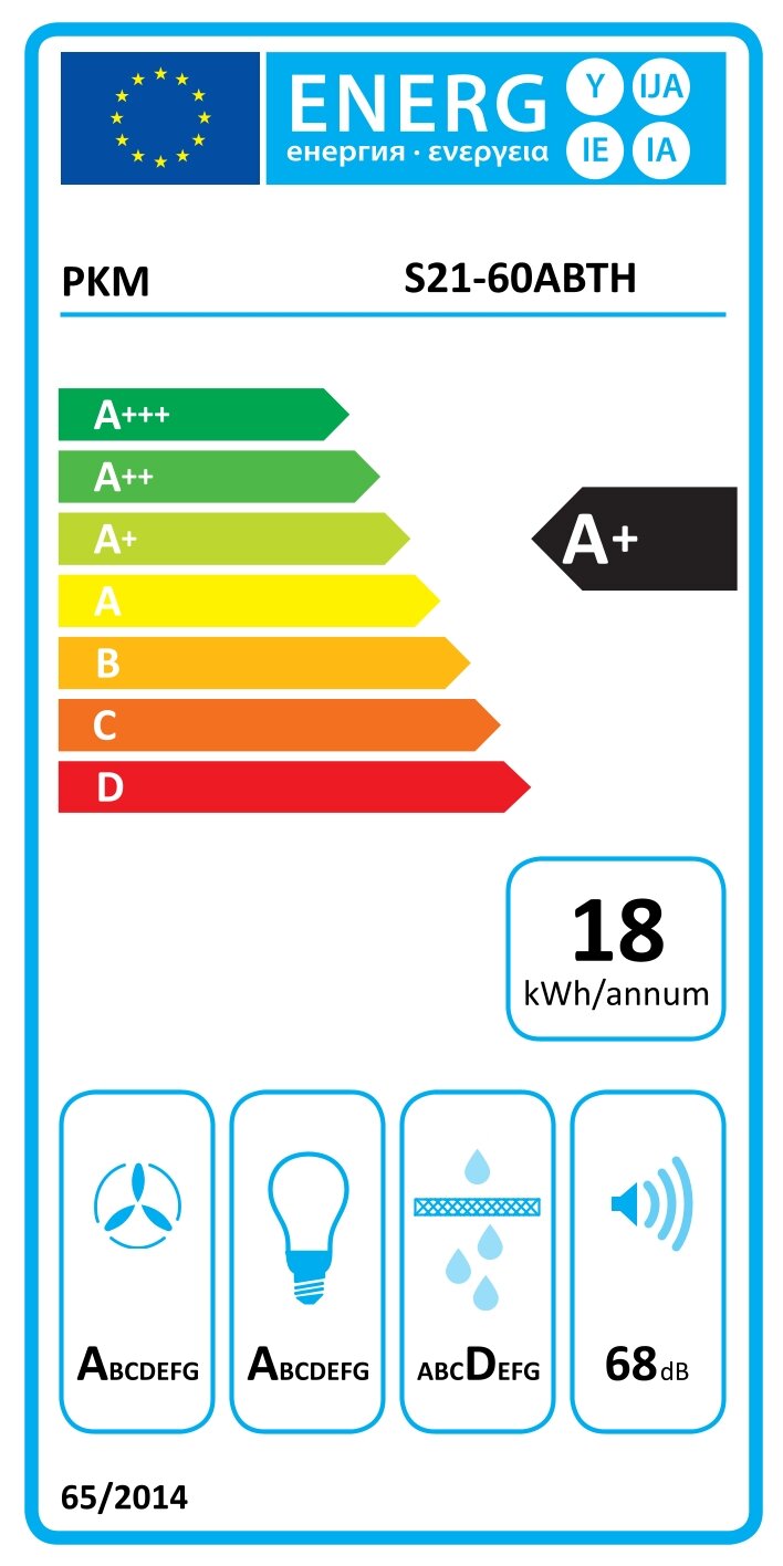 EU-Energielabel für PKM S21-60ABTH mit Energieeffizienzklasse A+, 18 kWh/Jahr und Geräuschpegel 68 dB; frontale Ansicht.
