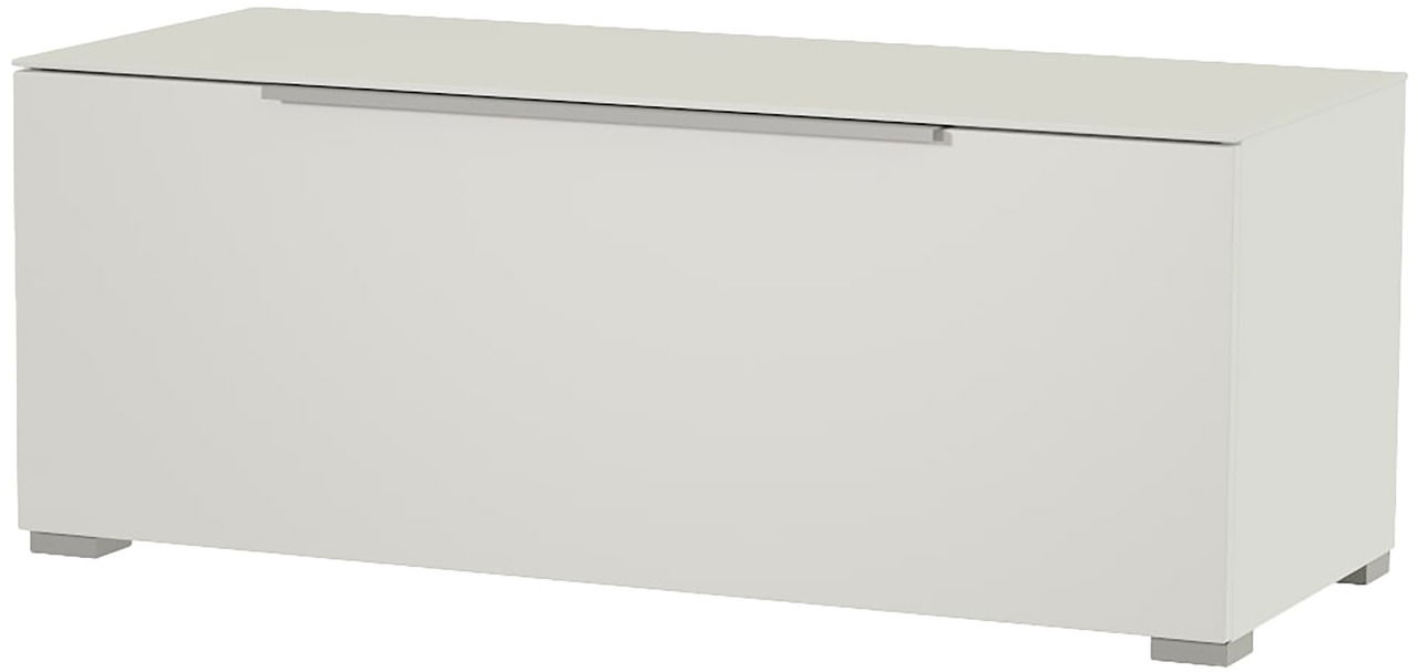Weißes TV-Lowboard aus der Perspektive leicht von oben und seitlich betrachtet
