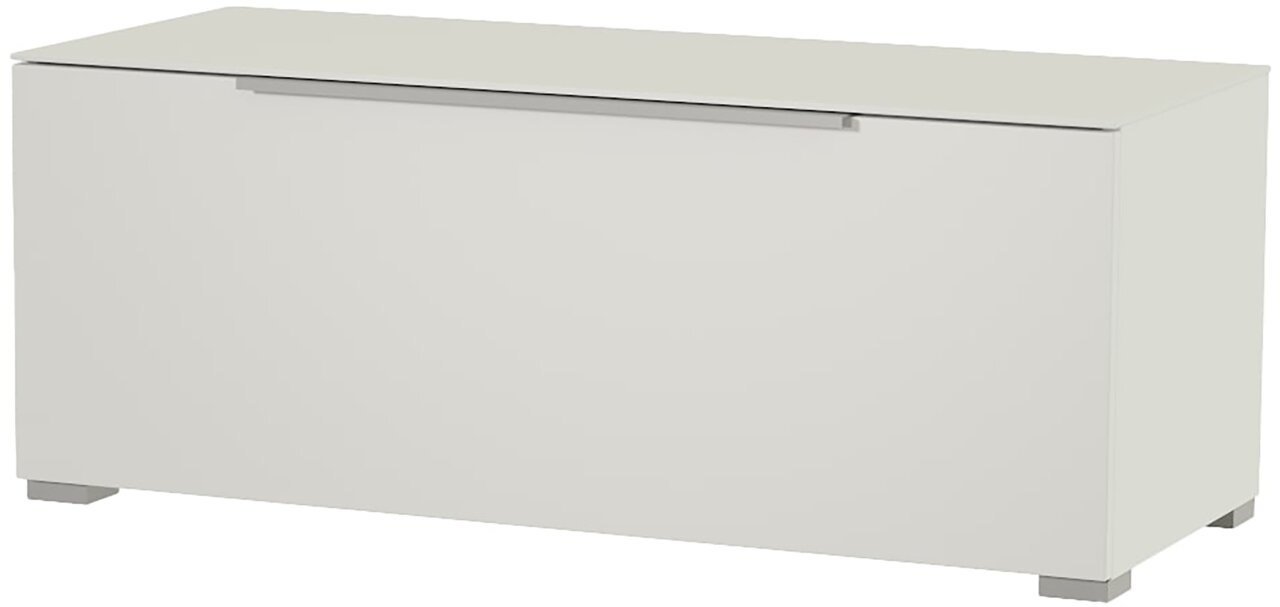 Weißes TV-Lowboard aus der Perspektive leicht von oben und seitlich betrachtet