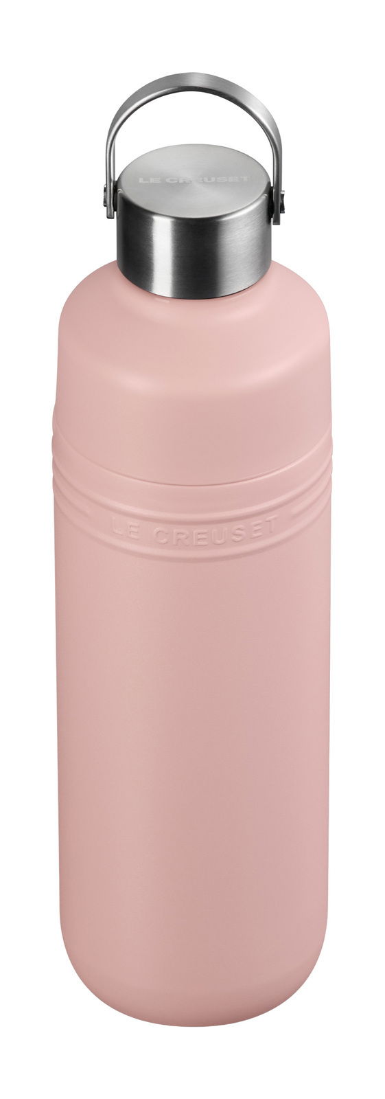 Rosa Trinkflasche aus Edelstahl mit Henkel, Ansicht von vorne