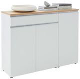 Weiße Kombi-Kommode mit Holzplatte, dekoriert mit Büchern und einer Schale, seitliche Perspektive