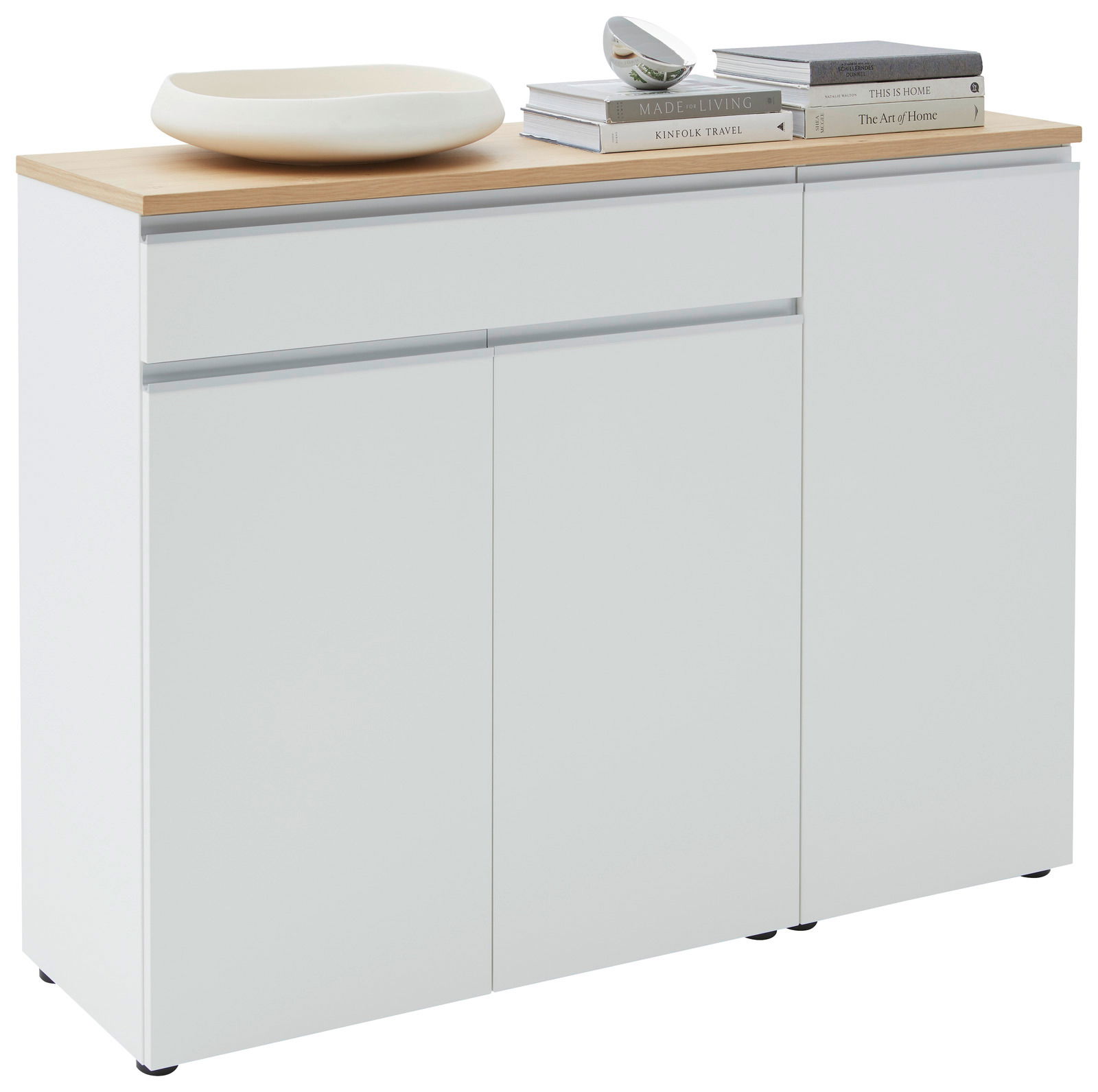 Dieter Knoll Kombi-Kommode LENDINA Weiße Kombi-Kommode mit Holzplatte, dekoriert mit Büchern und einer Schale, seitliche Perspektive