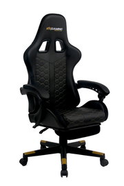 Schwarzer Gaming-Stuhl mit ergonomischem Design, gepolstertem Sitz und Rückenlehne, sowie verstellbaren Armlehnen, aus der Vorderansicht.