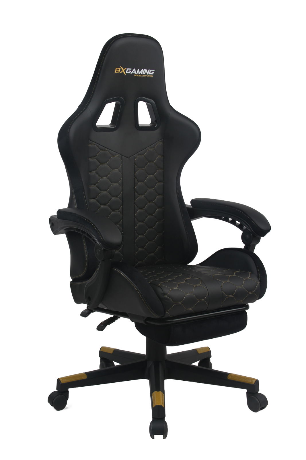 Schwarzer Gaming-Stuhl mit ergonomischem Design, gepolstertem Sitz und Rückenlehne, sowie verstellbaren Armlehnen, aus der Vorderansicht.