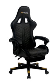 Zwarte gamingstoel met ergonomisch ontwerp, beklede zitting en rugleuning, en verstelbare armleuningen, gezien van voren.