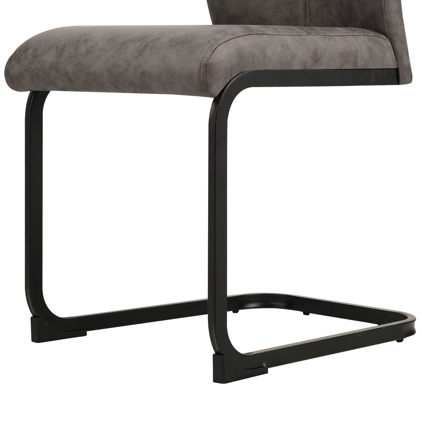 Moderner Schwingstuhl mit grauem Polstersitz und schwarzem Metallgestell, seitliche Perspektive