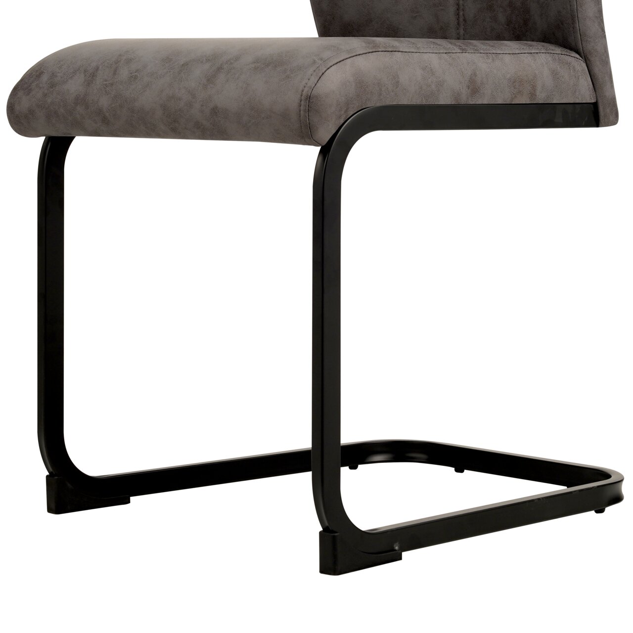 Moderne schommelstoel met grijze beklede zitting en zwart metalen frame, zijaanzicht