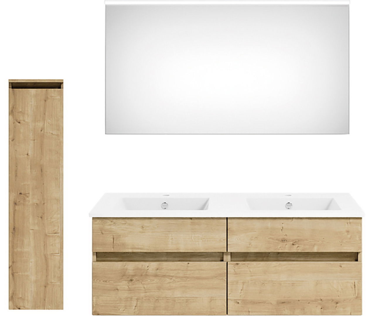 Frontale Ansicht einer modernen Badkombination mit zwei Waschbecken, einem großen Spiegel und einem hohen, schmalen Schrank in Holzoptik.