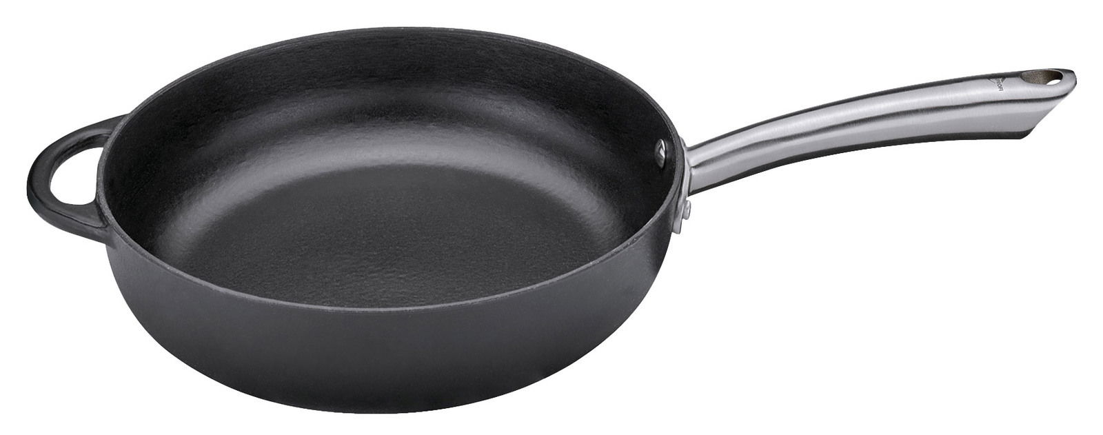 Schwarze, hohe Bratpfanne mit langem Griff, seitliche Perspektive