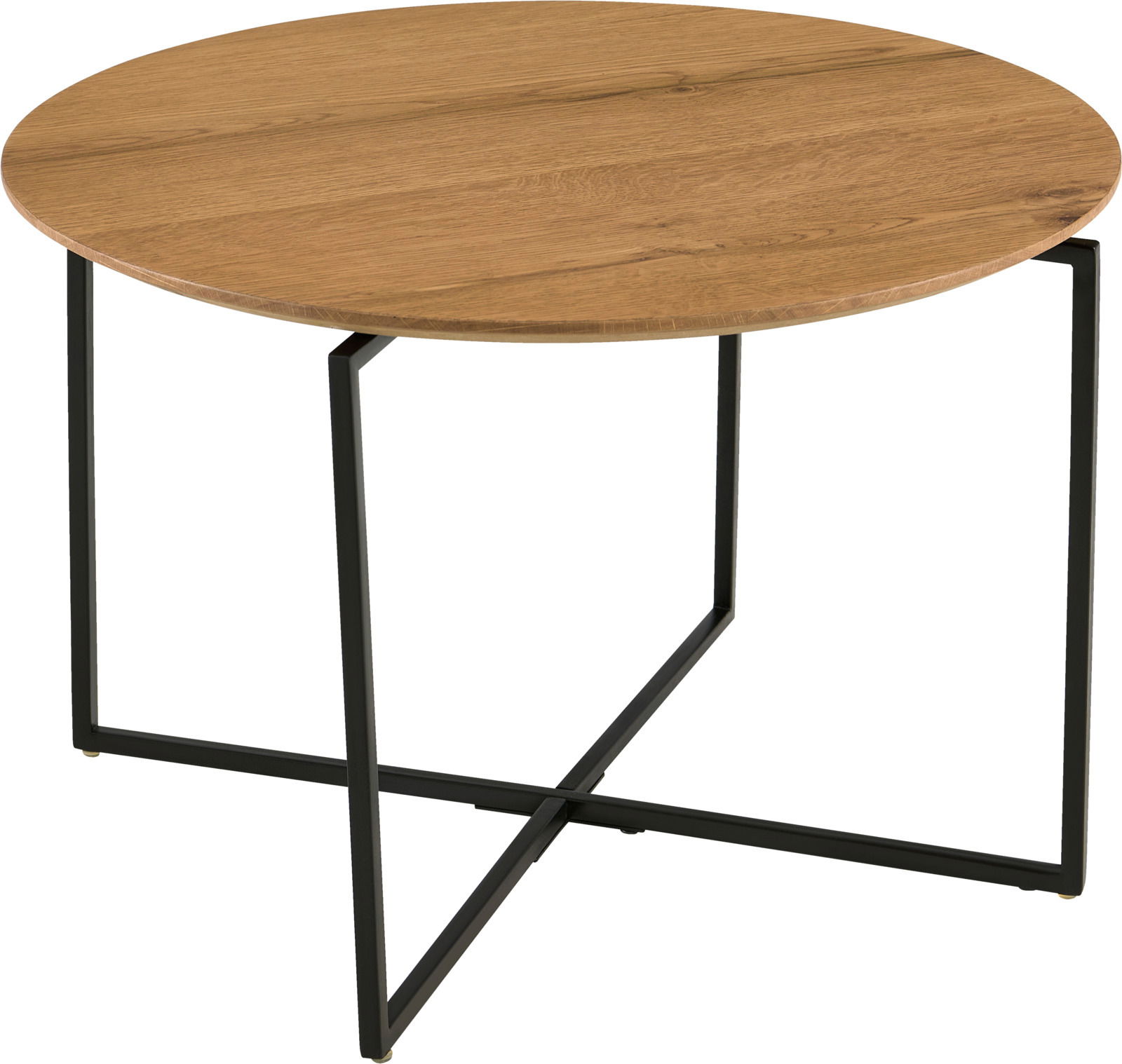 Runder Couchtisch mit Holzplatte und schwarzem Metallgestell, seitliche Perspektive