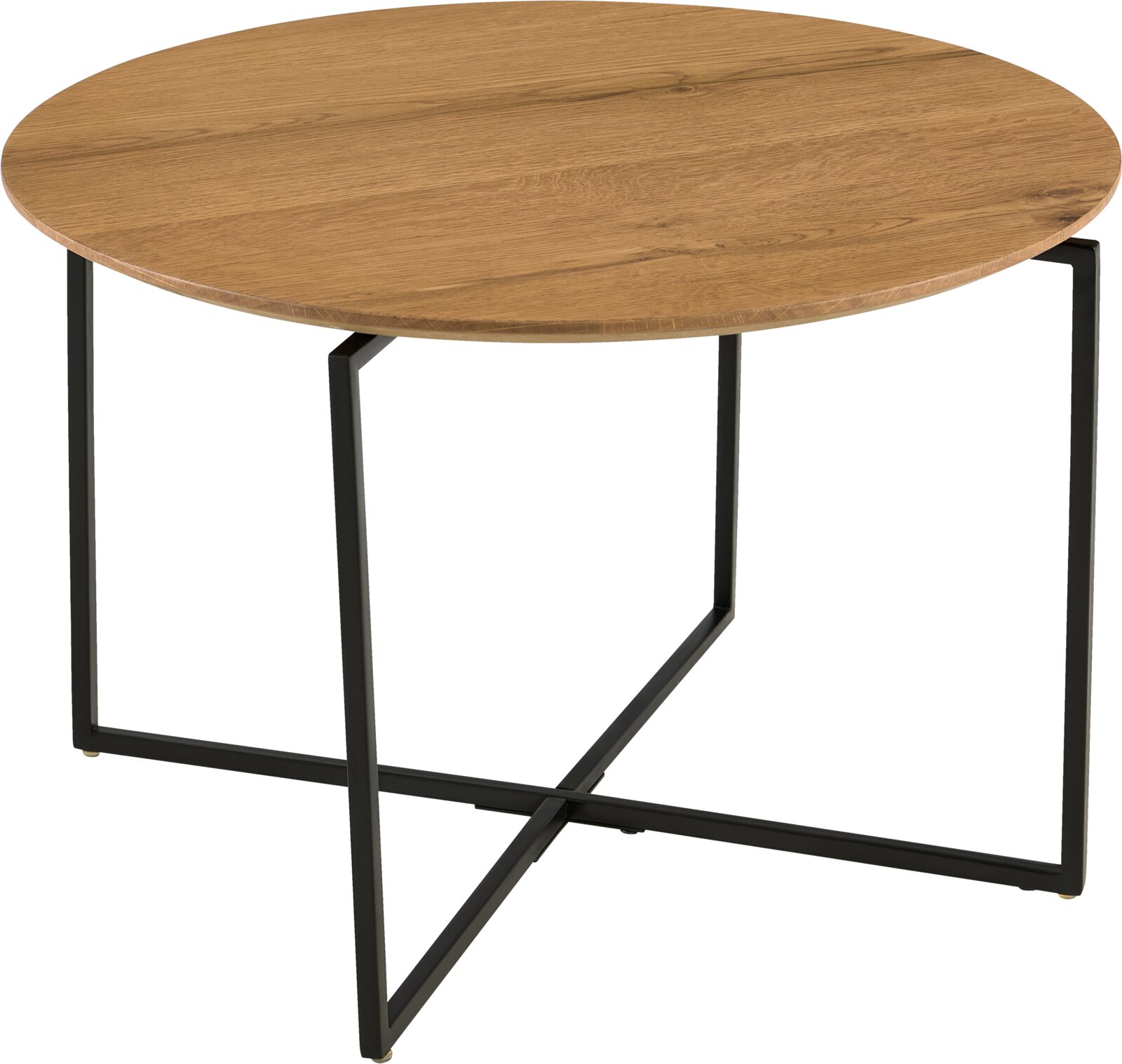 Runder Couchtisch mit Holzplatte und schwarzem Metallgestell, seitliche Perspektive