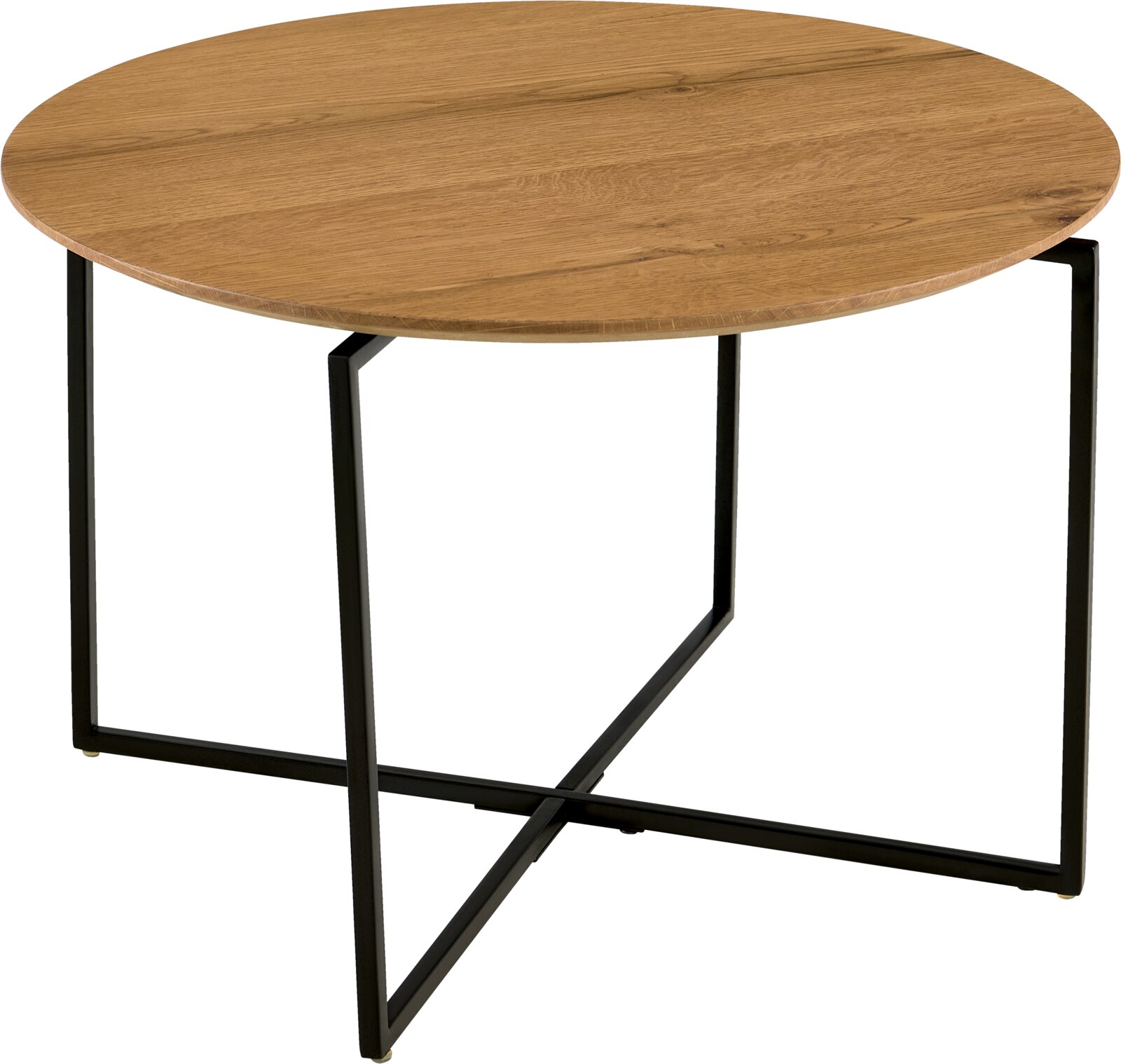 Runder Couchtisch mit Holzplatte und schwarzem Metallgestell, seitliche Perspektive