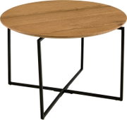 Runder Couchtisch mit Holzplatte und schwarzem Metallgestell, seitliche Perspektive