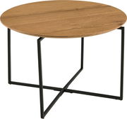 Runder Couchtisch mit Holzplatte und schwarzem Metallgestell, seitliche Perspektive