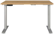 Elektrisch höhenverstellbarer Schreibtisch mit Holzplatte und grauem Gestell, Frontalansicht