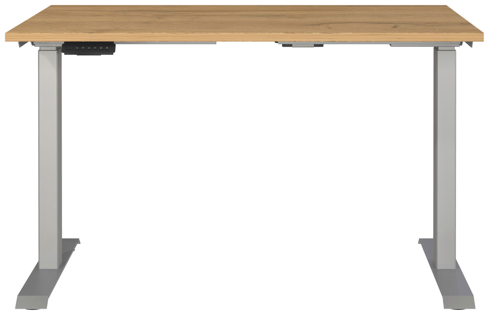 Elektrisch höhenverstellbarer Schreibtisch mit Holzplatte und grauem Gestell, Frontalansicht
