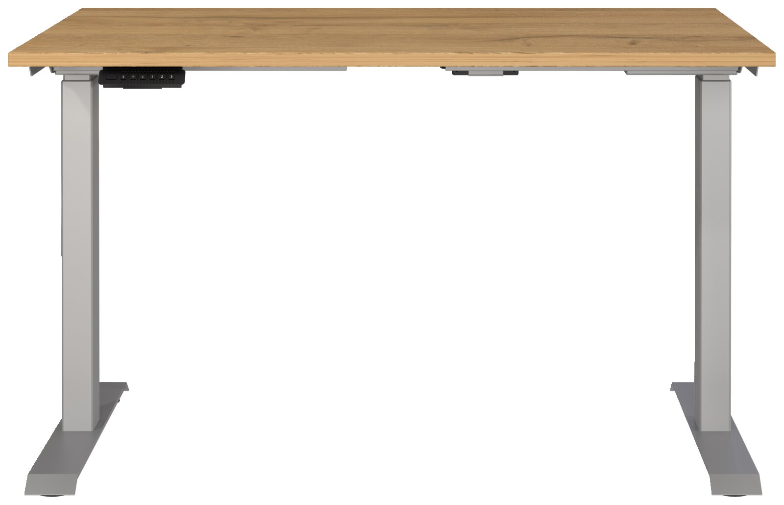 Elektrisch höhenverstellbarer Schreibtisch mit Holzplatte und grauem Gestell, Frontalansicht