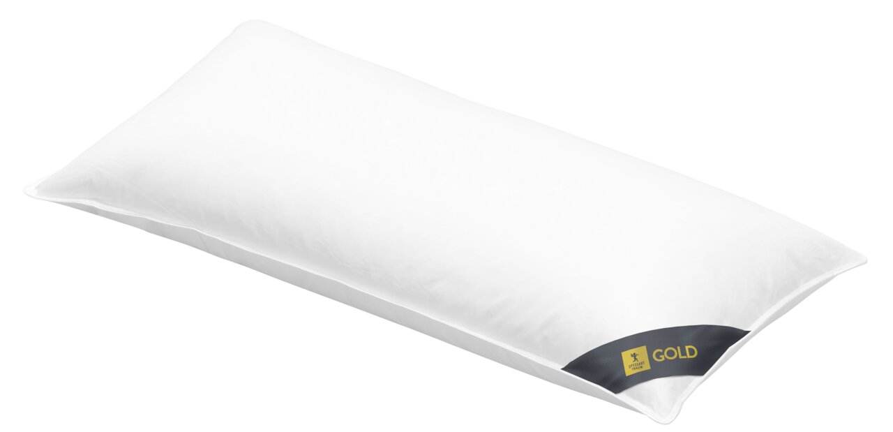 Spessarttraum Kissen GOLD Weißes Kissen 40x80cm mit GOLD-Label, seitliche Perspektive