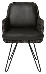 Vorderansicht eines modernen Armlehnstuhls mit schwarzem Lederbezug und gemusterten Stoffdetails, auf filigranen Metallbeinen.